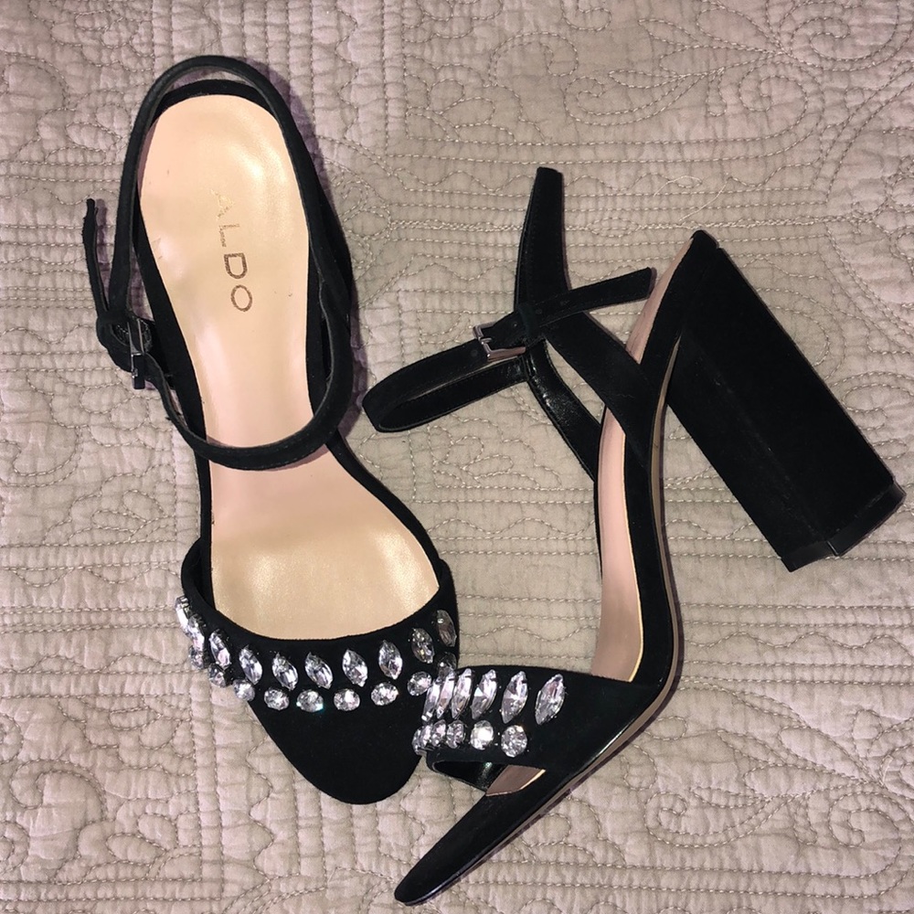 Aldo Black Suede Embellished Block Heel - Size 7
